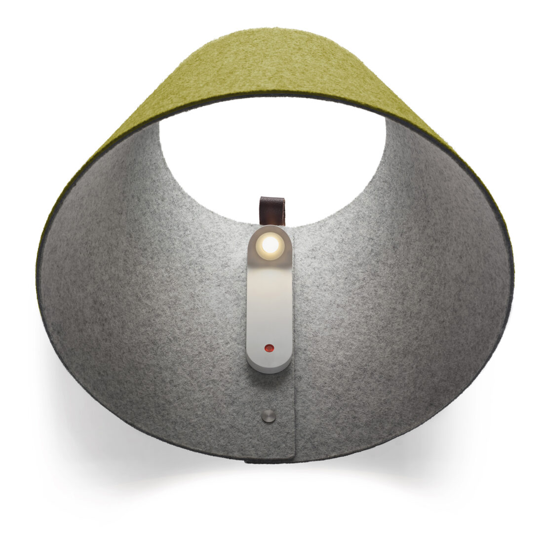 Pablo Lana wall sconce with a moss-green wool drum shade glowing from within