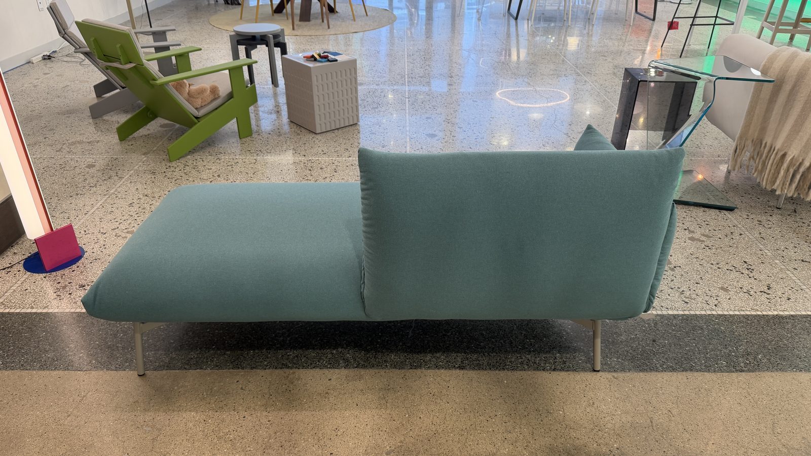 Back view of the Midj Area Chaise, fully upholstered on all sides