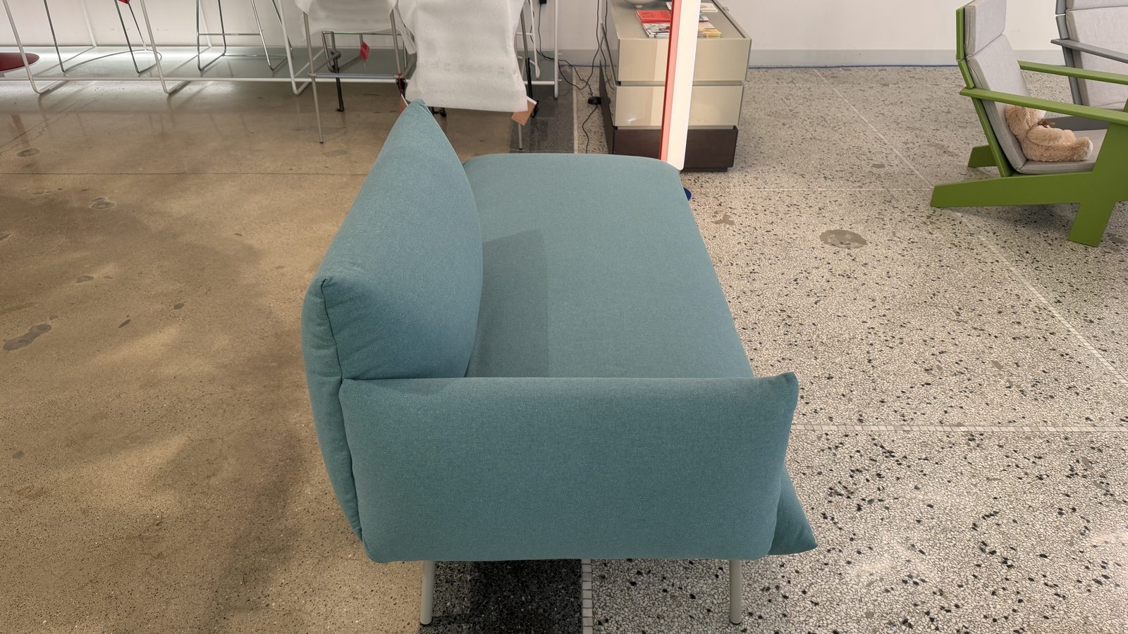 Overhead close-up of the aqua upholstery on the Midj Area Chaise