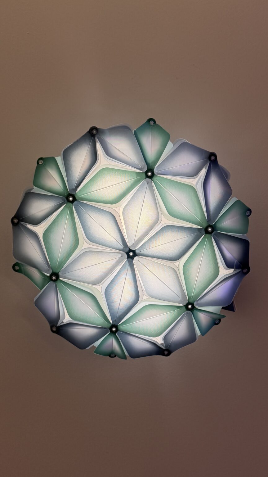 Slamp La Vie wall light with blue and white petal shades glowing on a showroom wall