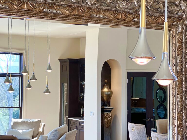 Rain pendants seen across a living room